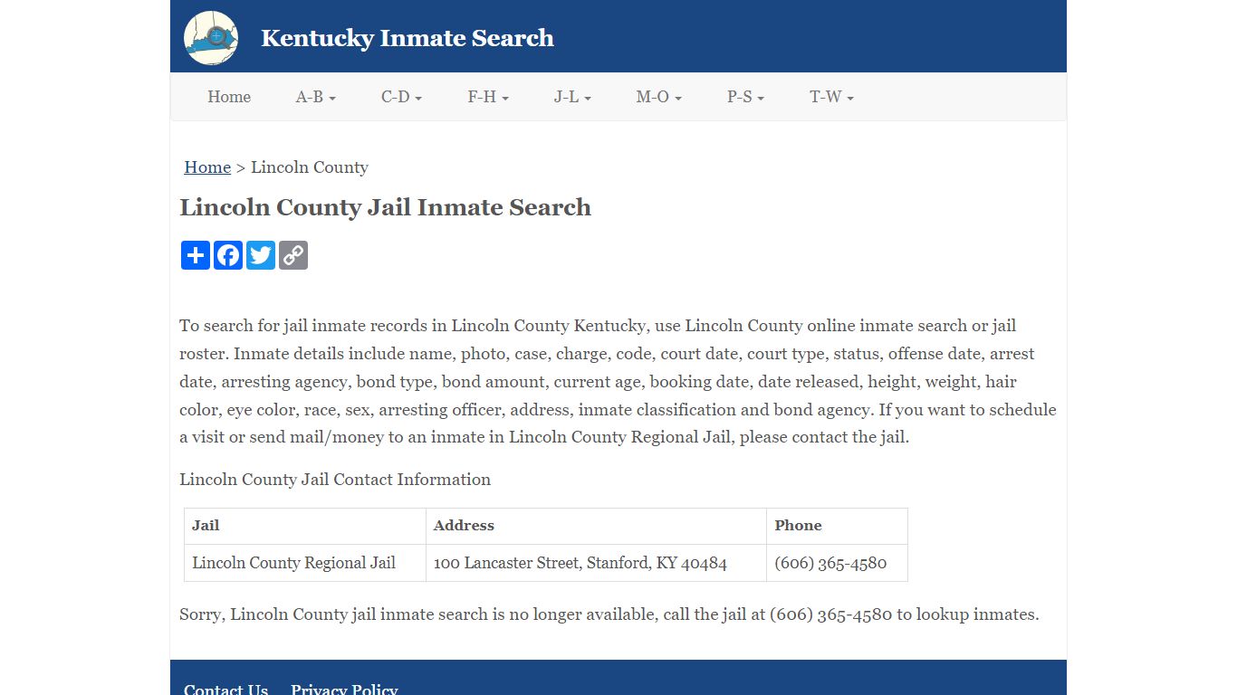 Lincoln County Jail Inmate Search